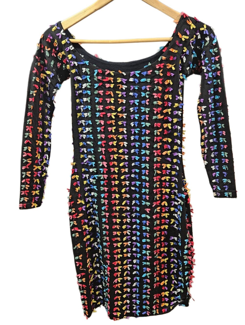VTG Betsey Johnson Punk Label Rainbow Ribbon Bow Bodycon Mini Dress Cotton Lycra - Picture 3 of 12